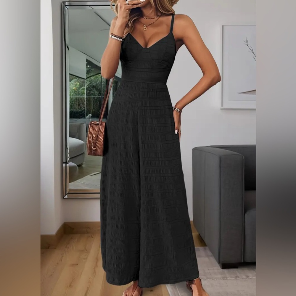 Elegant Bow Jumpsuit Wide Leg Boutique New Black - Picture 3 of 10